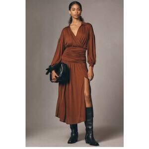 Anthropologie Maeve Ruched Wool Blend Midi Dress Brown Size X Large